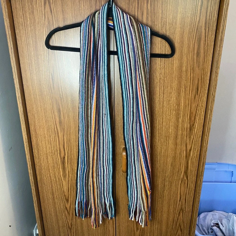 Striped Knit Scarf Unisex OS Multicolor Fringe Boho Eclectic Accessory